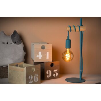 Lampe de table Lucide Pola Bleu, Bois clair, 1 lumière