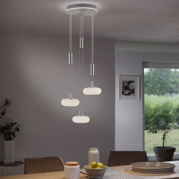 Suspension Paul-Neuhaus Q-ETIENNE LED Acier brossé, 4 lumières, Télécommandes