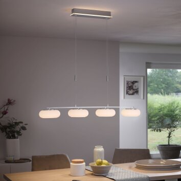 Suspension Paul-Neuhaus Q-ETIENNE LED Acier brossé, 4 lumières, Télécommandes