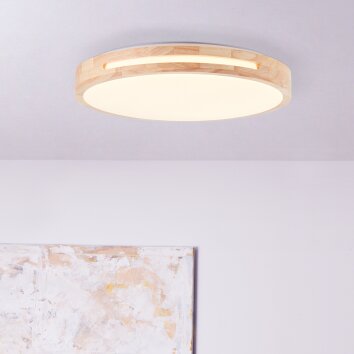 Plafonnier Brilliant Woodbury LED Bois clair, Blanc, 1 lumière